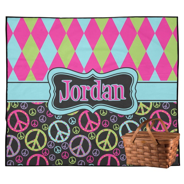 Custom Harlequin & Peace Signs Outdoor Picnic Blanket (Personalized)