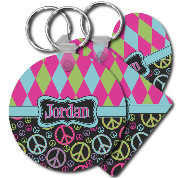 Custom Harlequin & Peace Signs Plastic Keychain (Personalized)