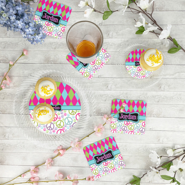 Harlequin & Peace Signs Plastic Party Appetizer & Dessert Plates - In Context