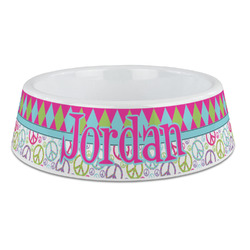 Harlequin & Peace Signs Plastic Dog Bowl - Large (Personalized)