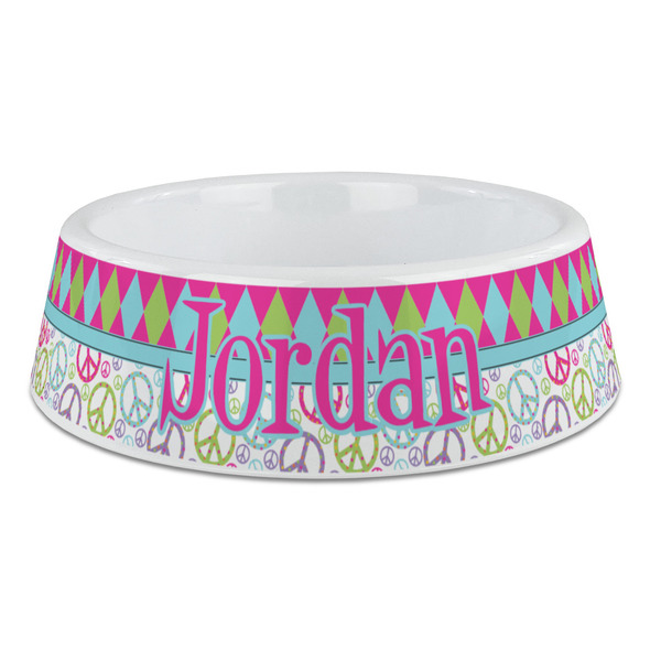 Custom Harlequin & Peace Signs Plastic Dog Bowl - Large (Personalized)