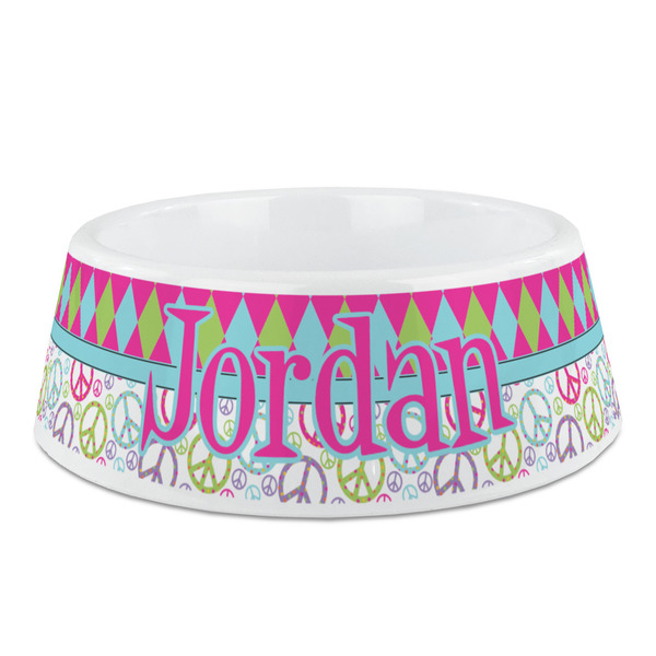 Custom Harlequin & Peace Signs Plastic Dog Bowl (Personalized)