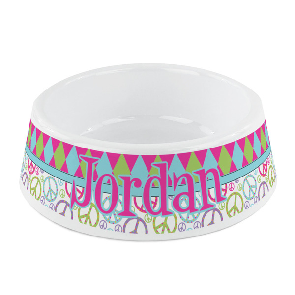 Custom Harlequin & Peace Signs Plastic Dog Bowl - Small (Personalized)