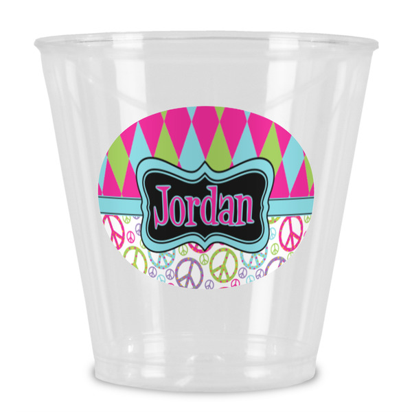 Custom Harlequin & Peace Signs Plastic Shot Glass (Personalized)