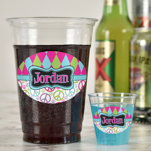 Harlequin & Peace Signs Plastic Shot Glasses - In Context