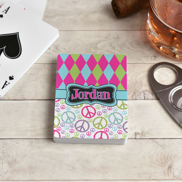 Harlequin & Peace Signs Playing Cards - In Context