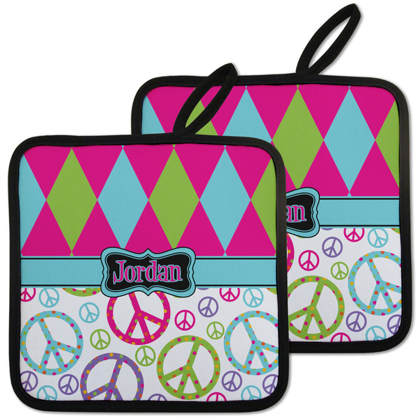 Custom Harlequin & Peace Signs Pot Holders - Set of 2 w/ Name or Text
