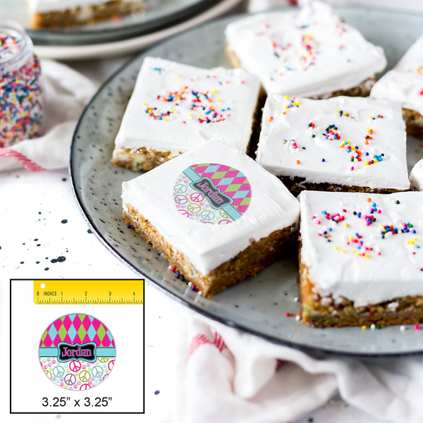 Harlequin & Peace Signs Printed Icing Circle - Large - In Context