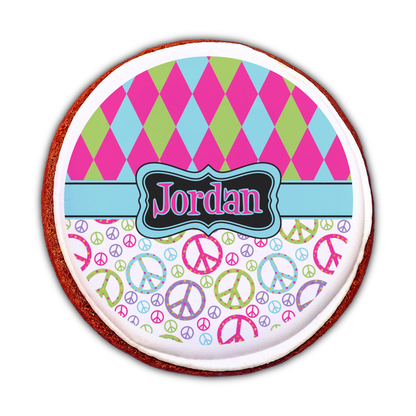 Harlequin & Peace Signs Printed Icing Circle - Medium - On Cookie