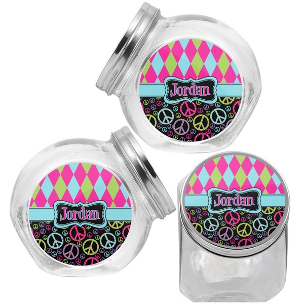 Harlequin & Peace Signs Puppy Treat Jar - Top Left Right