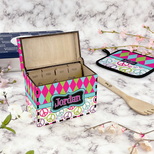 Harlequin & Peace Signs Recipe Box - Full Color - In Context