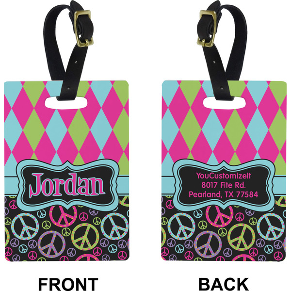 Harlequin & Peace Signs Rectangle Luggage Tag (Front + Back)
