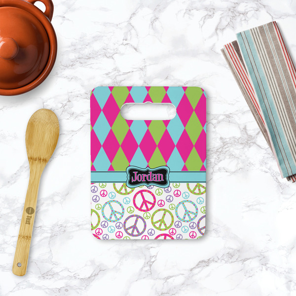 Harlequin & Peace Signs Rectangle Trivet with Handle - LIFESTYLE