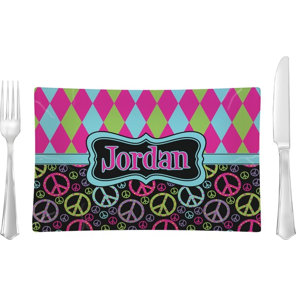 Custom Harlequin & Peace Signs Glass Rectangular Lunch / Dinner Plate (Personalized)