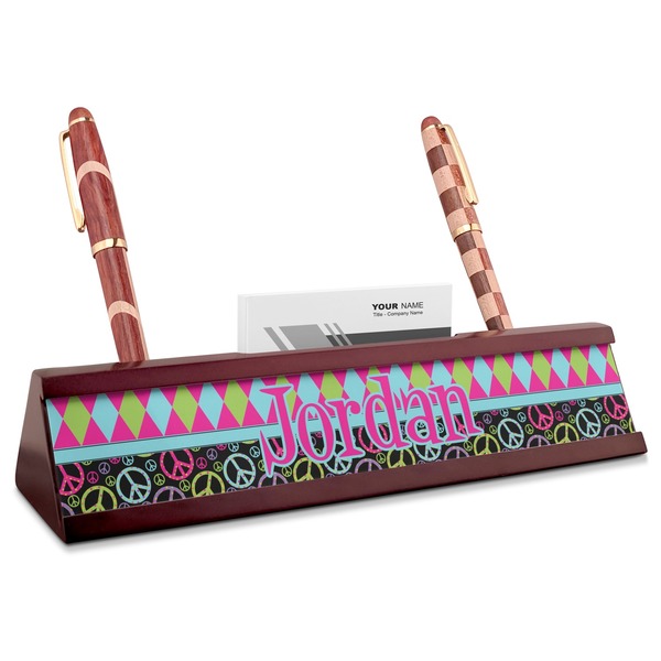 Custom Harlequin & Peace Signs Red Mahogany Nameplate with Business Card Holder (Personalized)