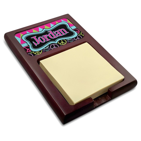 Custom Harlequin & Peace Signs Red Mahogany Sticky Note Holder (Personalized)