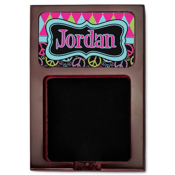 Harlequin & Peace Signs Red Mahogany Sticky Note Holder - Flat