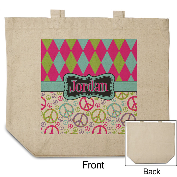Harlequin & Peace Signs Reusable Cotton Grocery Bag - Front & Back View