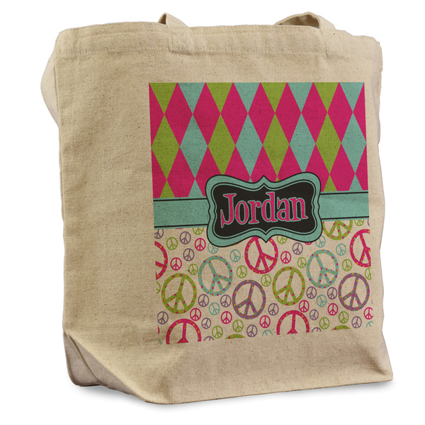 Custom Harlequin & Peace Signs Reusable Cotton Grocery Bag (Personalized)