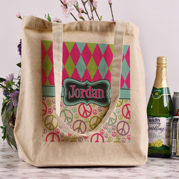 Harlequin & Peace Signs Reusable Cotton Grocery Bag - In Context