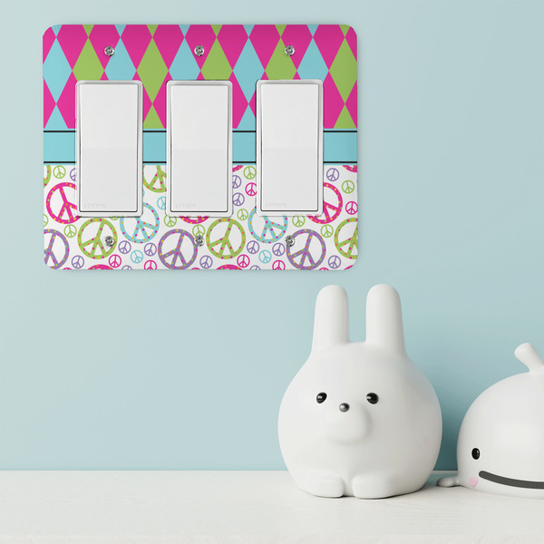 Harlequin & Peace Signs Rocker Light Switch Covers - Triple - IN CONTEXT