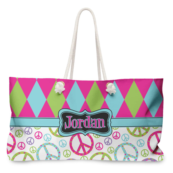 Custom Harlequin & Peace Signs Large Tote Bag with Rope Handles (Personalized)