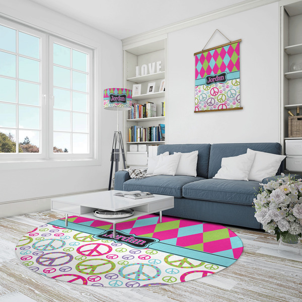 Harlequin & Peace Signs Round Area Rug - IN CONTEXT