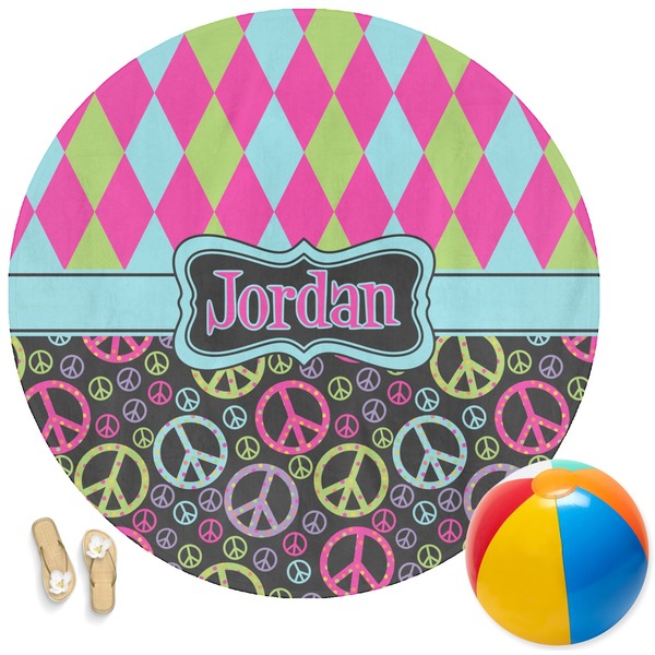 Custom Harlequin & Peace Signs Round Beach Towel (Personalized)