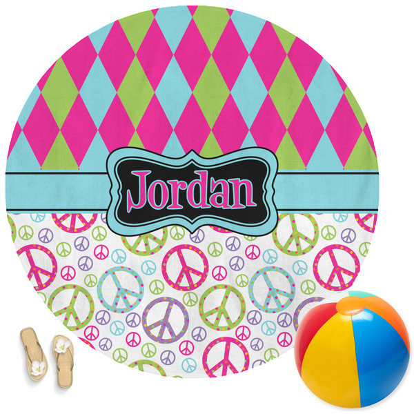 Custom Harlequin & Peace Signs Round Beach Towel (Personalized)