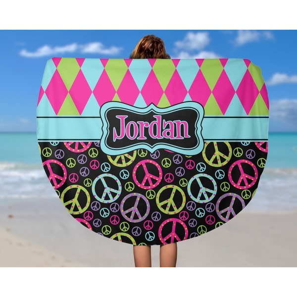Harlequin & Peace Signs Round Beach Towel - In Use