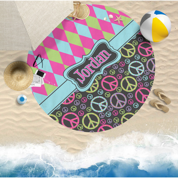 Harlequin & Peace Signs Round Beach Towel Lifestyle
