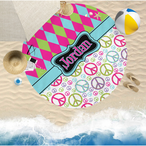 Harlequin & Peace Signs Round Beach Towel Lifestyle