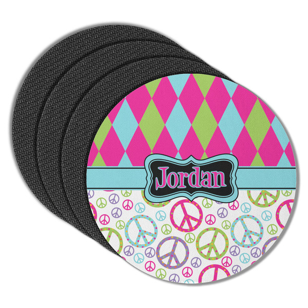 Harlequin & Peace Signs Round Coaster Rubber Back - Main