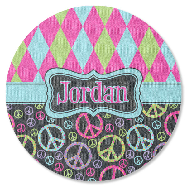 Custom Harlequin & Peace Signs Round Rubber Backed Coaster (Personalized)