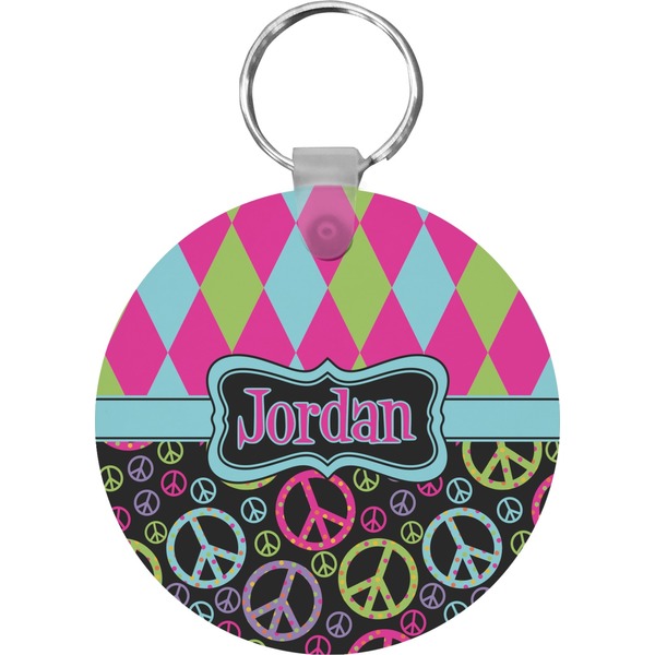 Custom Harlequin & Peace Signs Round Plastic Keychain (Personalized)