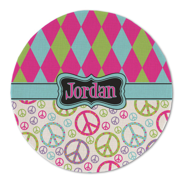 Harlequin & Peace Signs Round Linen Placemats - FRONT (Double Sided)