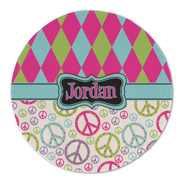 Custom Harlequin & Peace Signs Round Linen Placemat (Personalized)