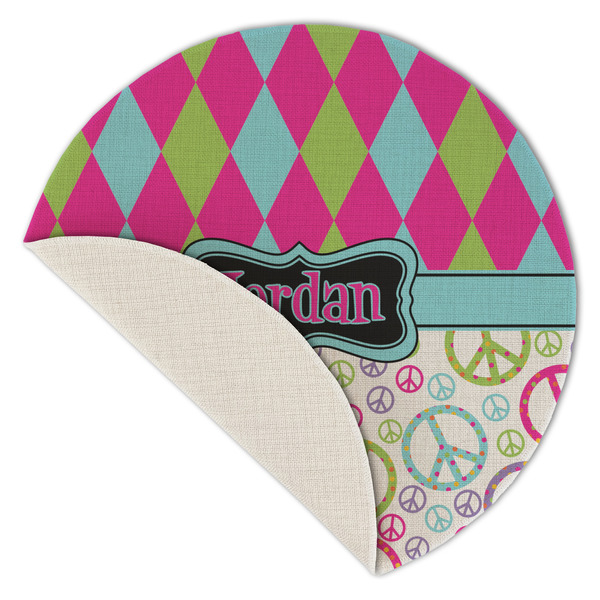 Harlequin & Peace Signs Round Linen Placemats - Front (folded corner single sided)