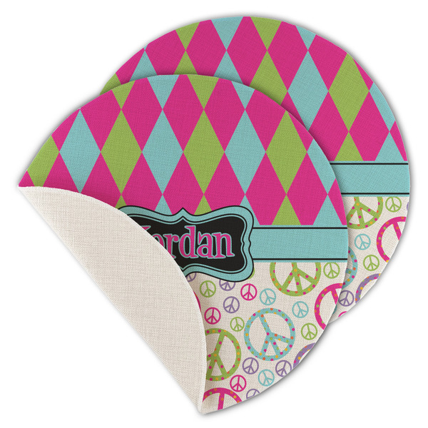 Custom Harlequin & Peace Signs Round Linen Placemat - Single Sided - Set of 4 (Personalized)