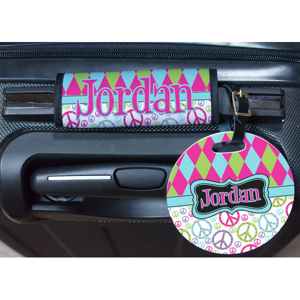 Harlequin & Peace Signs Round Luggage Tag & Handle Wrap - In Context