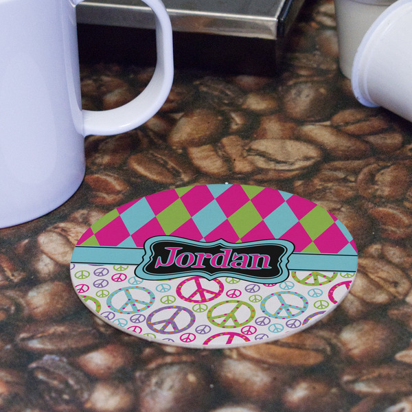 Harlequin & Peace Signs Round Paper Coaster - Front