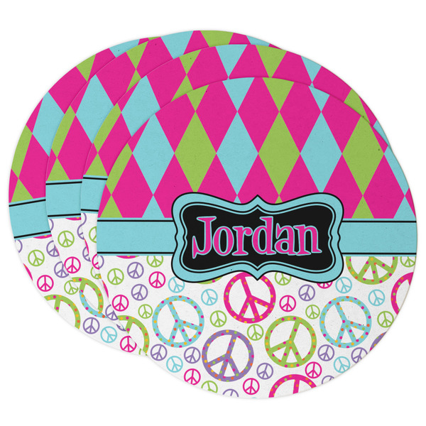 Custom Harlequin & Peace Signs Round Paper Coasters w/ Name or Text