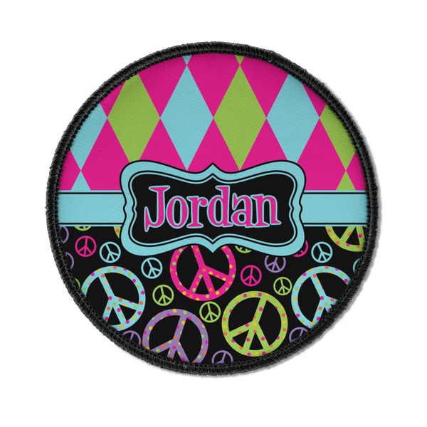 Custom Harlequin & Peace Signs Iron On Round Patch w/ Name or Text