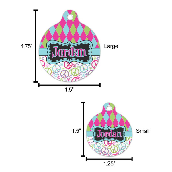 Harlequin & Peace Signs Round Pet ID Tag - Large - Comparison Scale