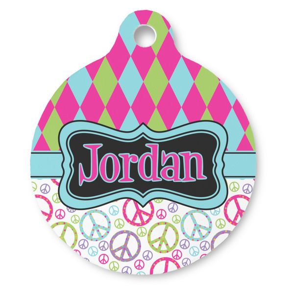 Custom Harlequin & Peace Signs Round Pet ID Tag (Personalized)