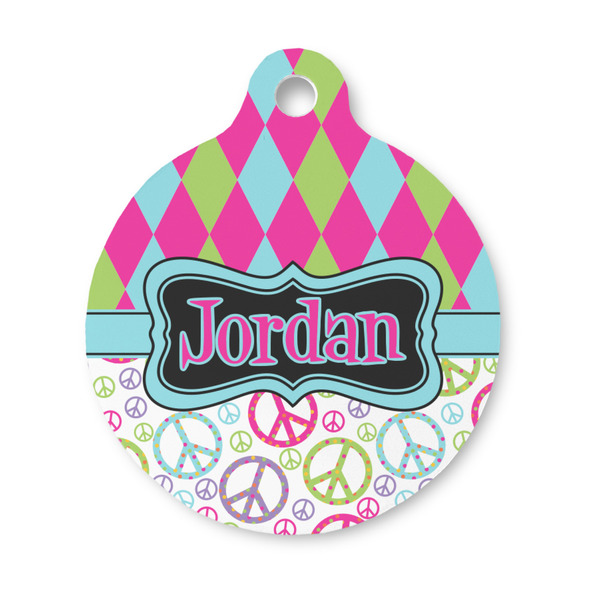Custom Harlequin & Peace Signs Round Pet ID Tag - Small (Personalized)