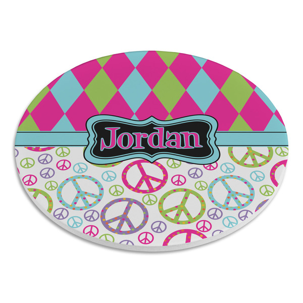 Harlequin & Peace Signs Round Stone Trivet - Angle View