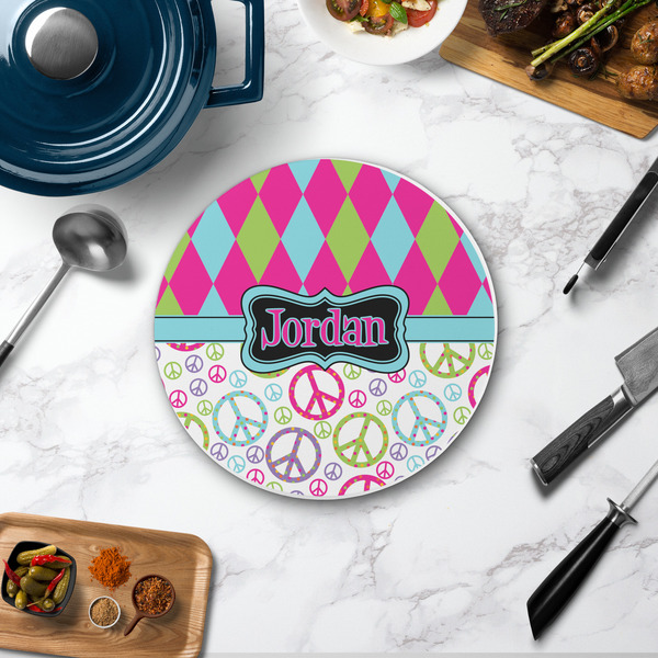 Harlequin & Peace Signs Round Stone Trivet - In Context View