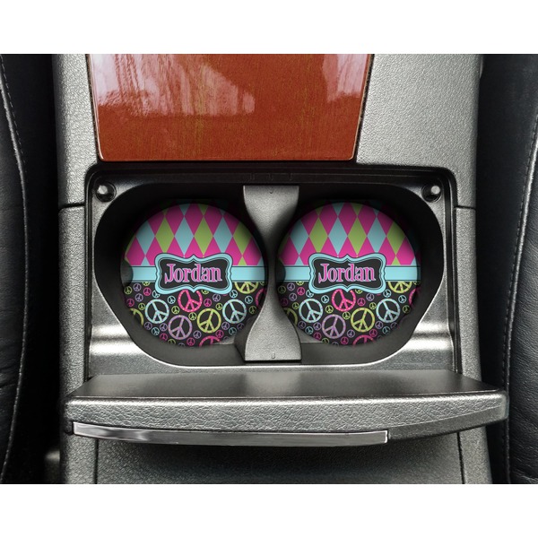 Harlequin & Peace Signs Sandstone Car Coaster - In Cup Holder