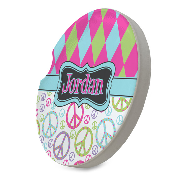 Harlequin & Peace Signs Sandstone Car Coaster - STANDING ANGLE
